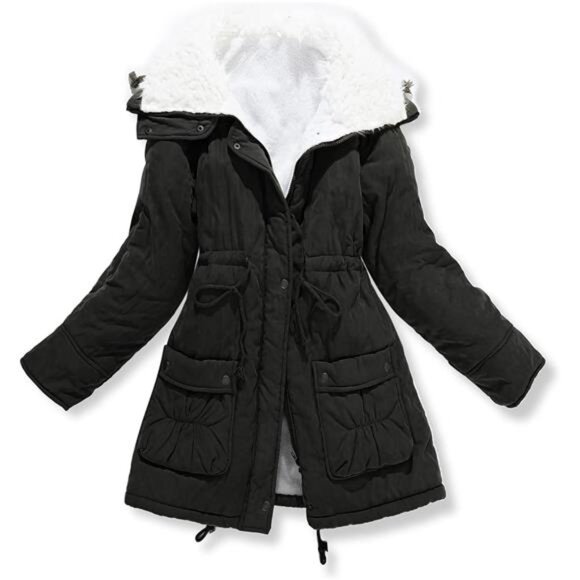 Women's Mid-Length Winter Jacket - Thick Warm Coat with Faux Lamb Wool Lining - Picture 1 of 8